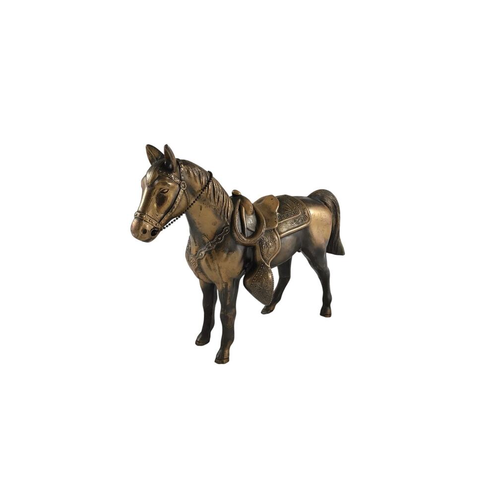Bronze Horse Figurine Cast Ornate Detailed Saddle Chain Reins Turned Stance 12"